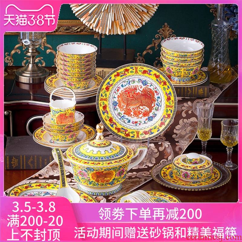 Jingdezhen ceramic dishes suit household of Chinese style colored enamel porcelain tableware suit high - end dishes ipads combination table