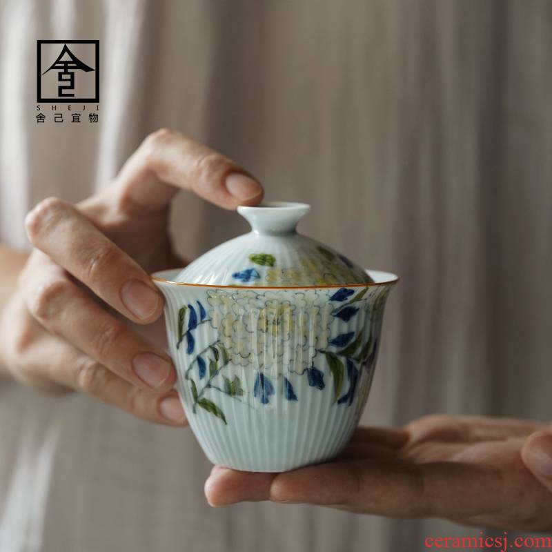 Thin foetus tea tureen teacups hand - made hydrangea jingdezhen bowl with a single tea sets tea GaiWanCha