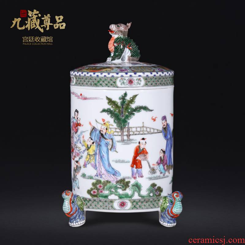 About Nine sect Buddha tasted jingdezhen manual archaize pastel beast foot kirin storage tank Chinese ceramic vase decoration