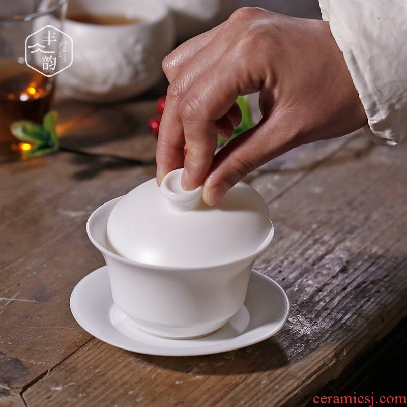 Dehua pure white porcelain only three tureen manual large suet jade tea cup home a single tea bowl of kung fu tea set