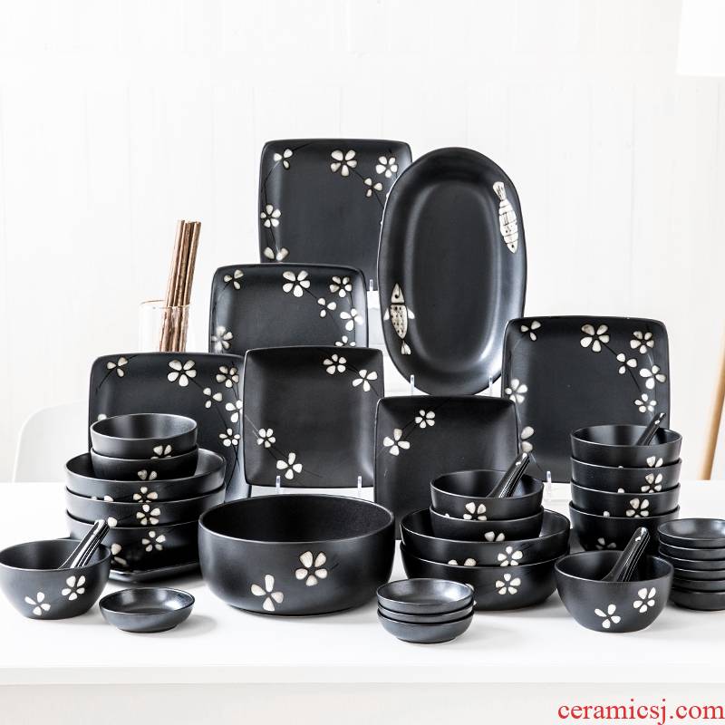 This 56 head porcelain tableware suit Japanese dishes combination of black suit 56 home dishes chopsticks