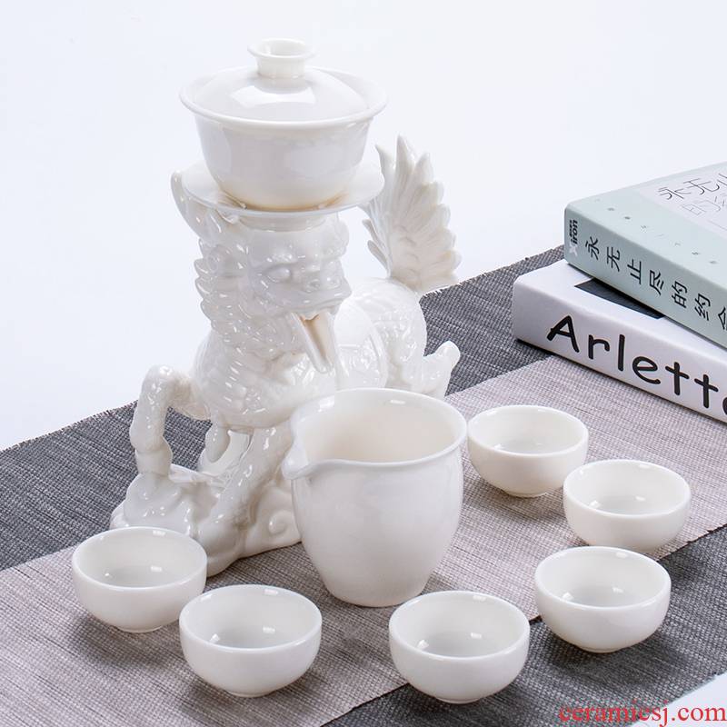 Jane qualitative lazy automatic kung fu tea cups of a complete set of dehua porcelain tea set creative move jade kirin white porcelain teapot