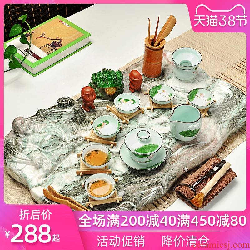 Hui, make tea sets tea service of a complete set of violet arenaceous kung fu tea set household laughing Buddha technology wood tea tray of tea table
