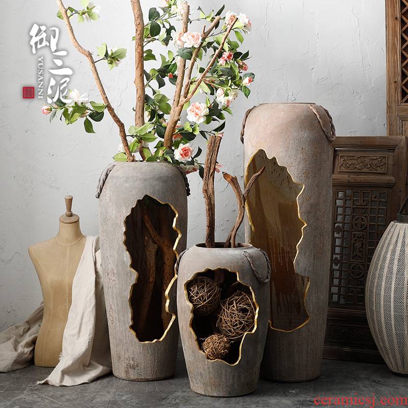 Ancient pottery decorative perforated hollow out water scene big ceramic vase light key-2 luxury ground sitting room dry flower arranging flowers is placed