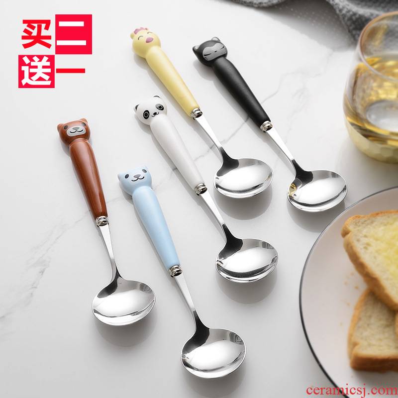 Lovely big round head cartoon long - handled spoon stainless steel spoon, ceramic children rice ladle soup spoon, creative dessert spoon