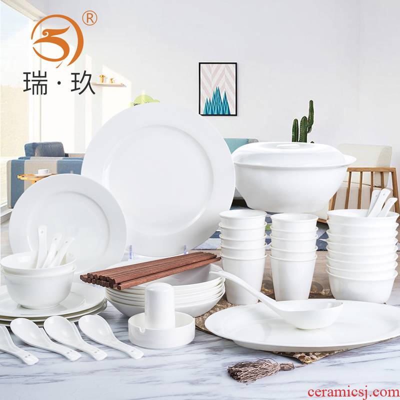 Tangshan white porcelain tableware kitchen suits for 22 head 4 dishes household of Chinese style dishes suit pure white ceramic tableware