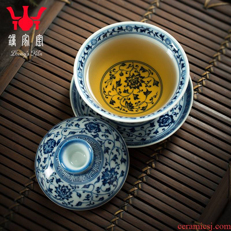 Clock home up tureen teacups hand - made bound lotus flower blue three to maintain tureen large manual jingdezhen tea bowl