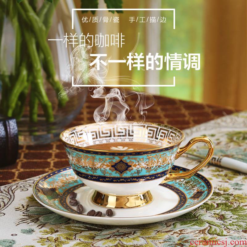 Small European - style key-2 luxury paint edge coffee cups and saucers suit ceramic household afternoon tea with a spoon, gift box packaging
