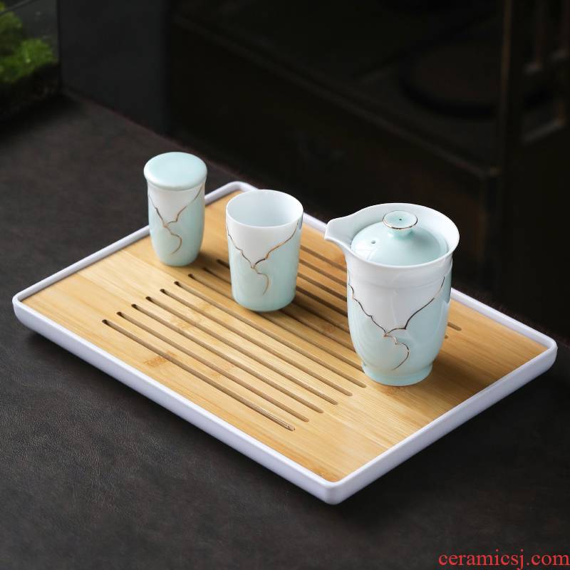 Su ceramic travel kung fu tea set of rectangle bamboo tea tray assembly