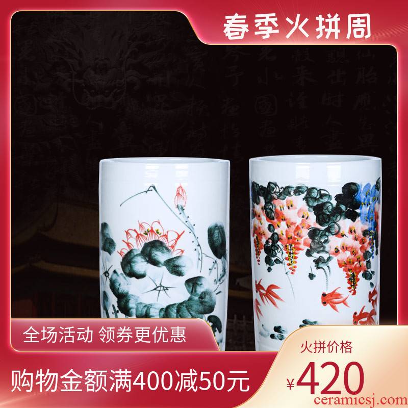 Jingdezhen ceramics hand - made painting of flowers and quiver landing a large vase furnishing articles and calligraphy cylinder scroll cylinder flower arranging the sitting room