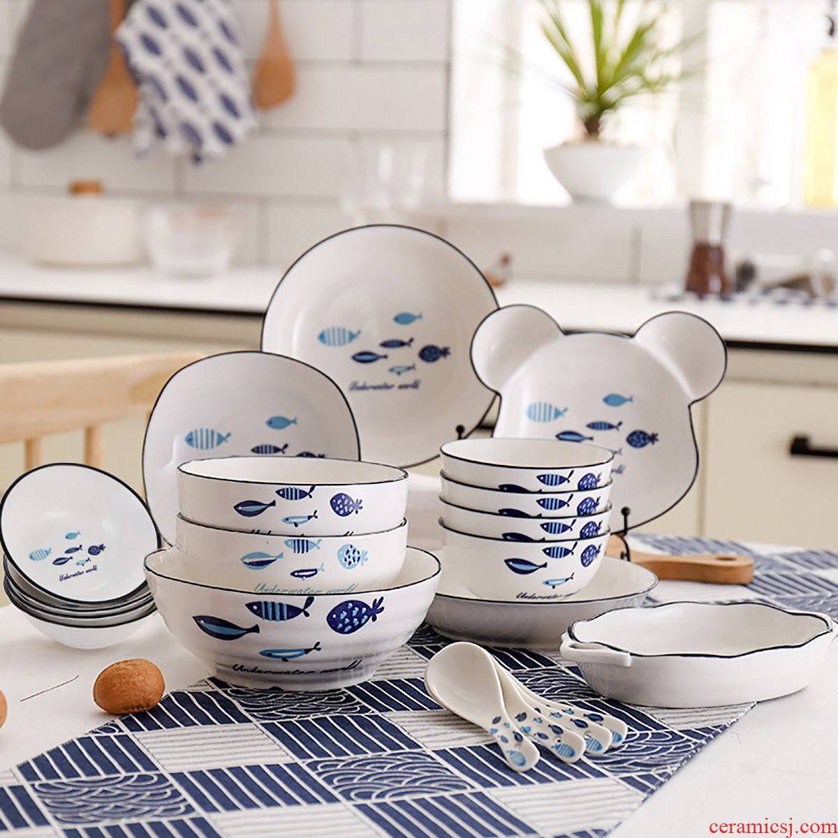 Song of sakura Japanese tableware under the glaze color Marine series of 20 ceramic dishes and tableware suit to eat bowl gift boxes