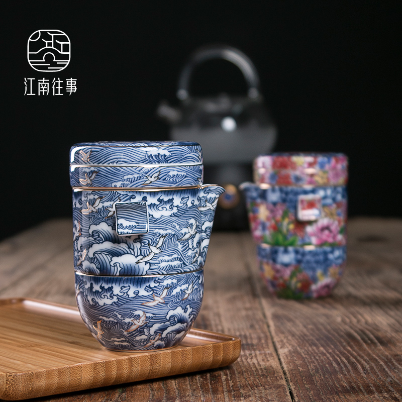 Jiangnan past ceramic tea set suit portable travel pack enamel porcelain kung fu tea set crack cup is suing that occupy the home