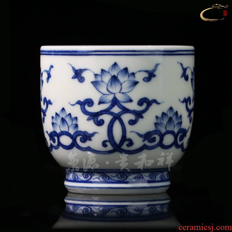 Beijing DE and auspicious ceramic cups jingdezhen blue and white string of lotus pure manual hand - made master cup cup sample tea cup