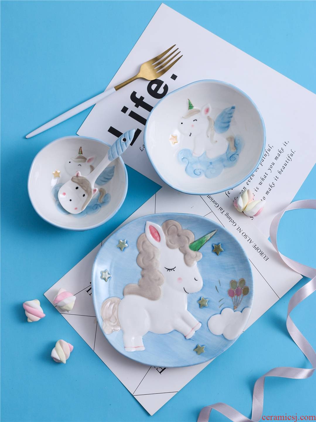 The Lovely dishes suit unicorn web celebrity hand - drawn cartoons children dish bowl spoon, ceramic tableware suit rainbow such use