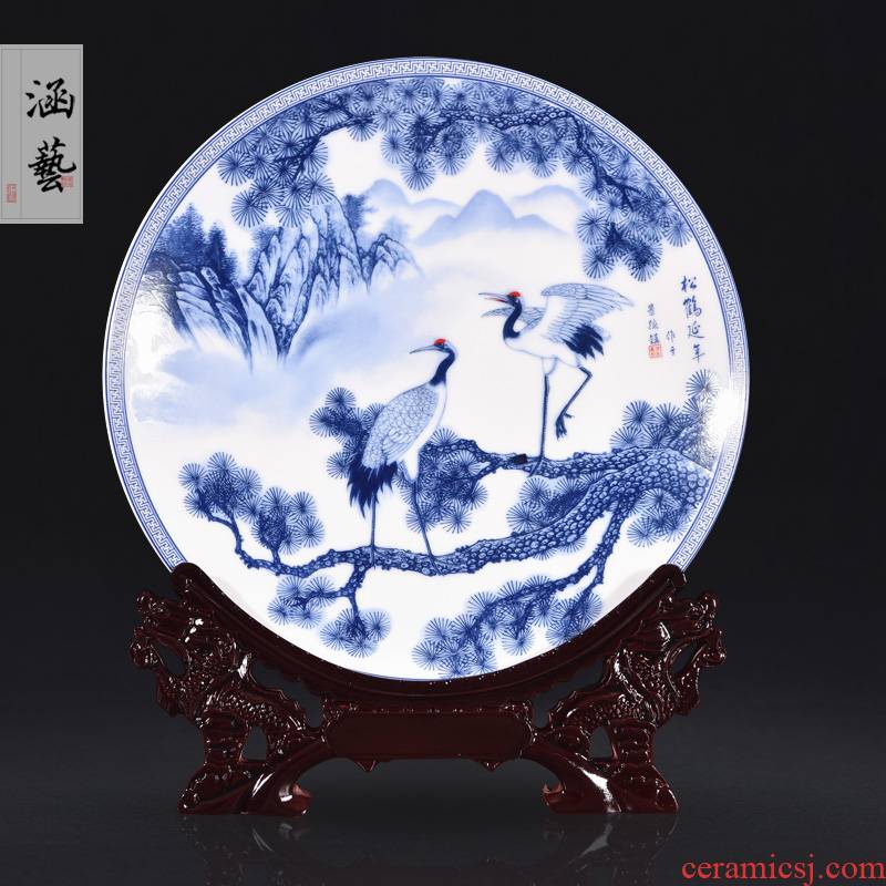 Jingdezhen blue and white pine crane live ceramic decoration plate of new Chinese style living room porch household adornment handicraft furnishing articles