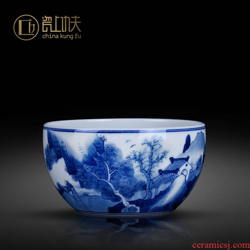 Jingdezhen blue and white landscape pure manual hand - made master cup sample tea cup noggin single CPU kung fu tea set with a gift