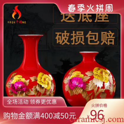 Jingdezhen ceramic red peony flower vase decoration of modern Chinese style household crafts sitting room TV ark, furnishing articles