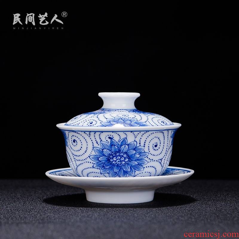 Jingdezhen hand - made ceramic three bowl to bowl is only blue and white porcelain tea set hand grasp tureen large kung fu