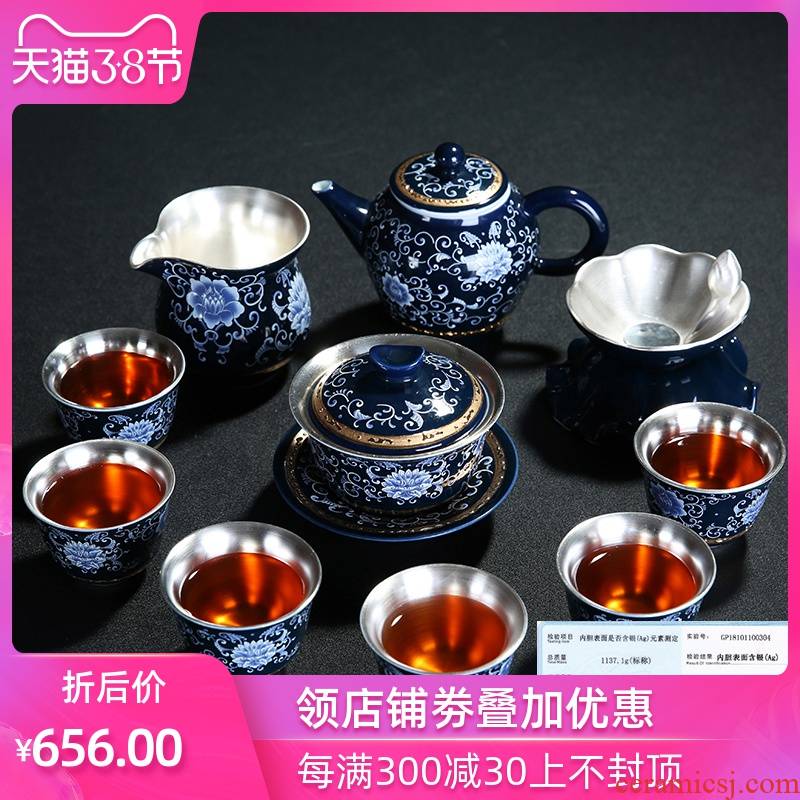 Blue and white tea set a complete set of kung fu tea set manually tasted silver gilding household ceramic tea set the teapot teacup gift boxes