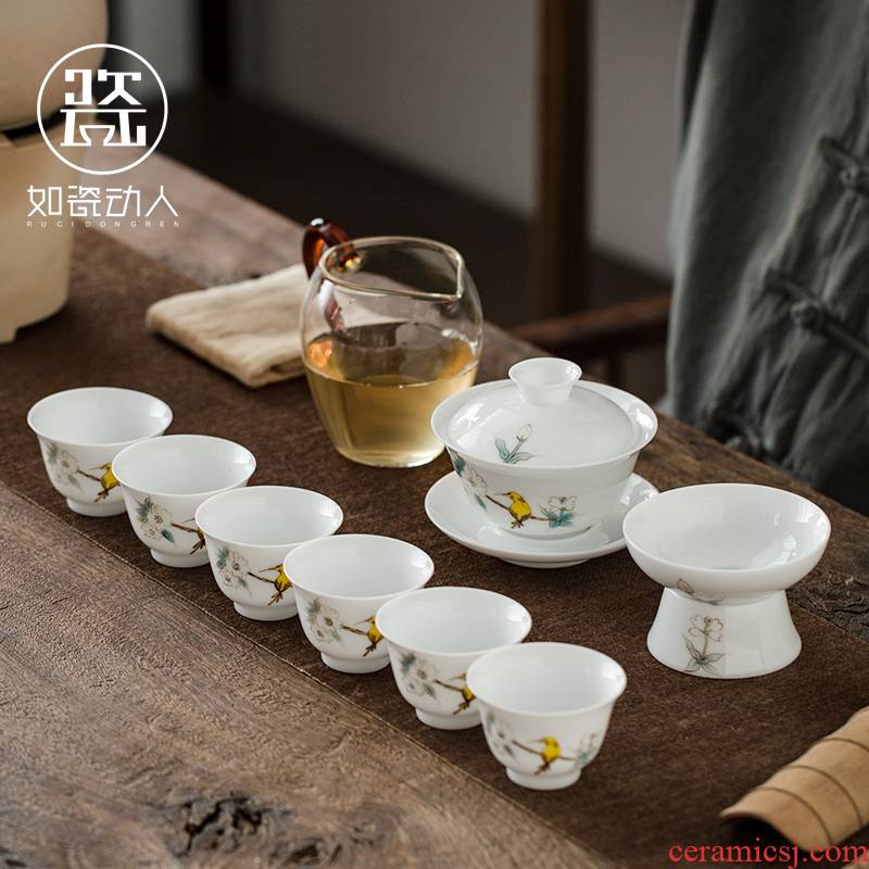 To the as porcelain and white porcelain kung fu tea set suit household contracted dehua suet jade porcelain tea cups tureen