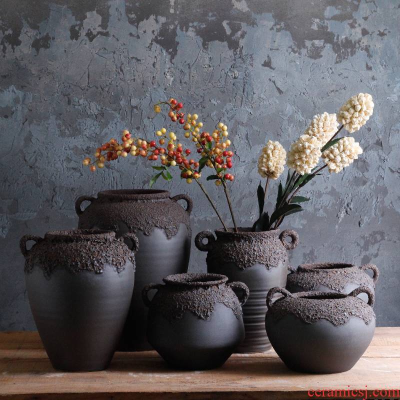 Thick black terms ceramic dry flower pot some ceramic porcelain craft vase of jingdezhen ceramic mud retro floral flower arranging furnishing articles