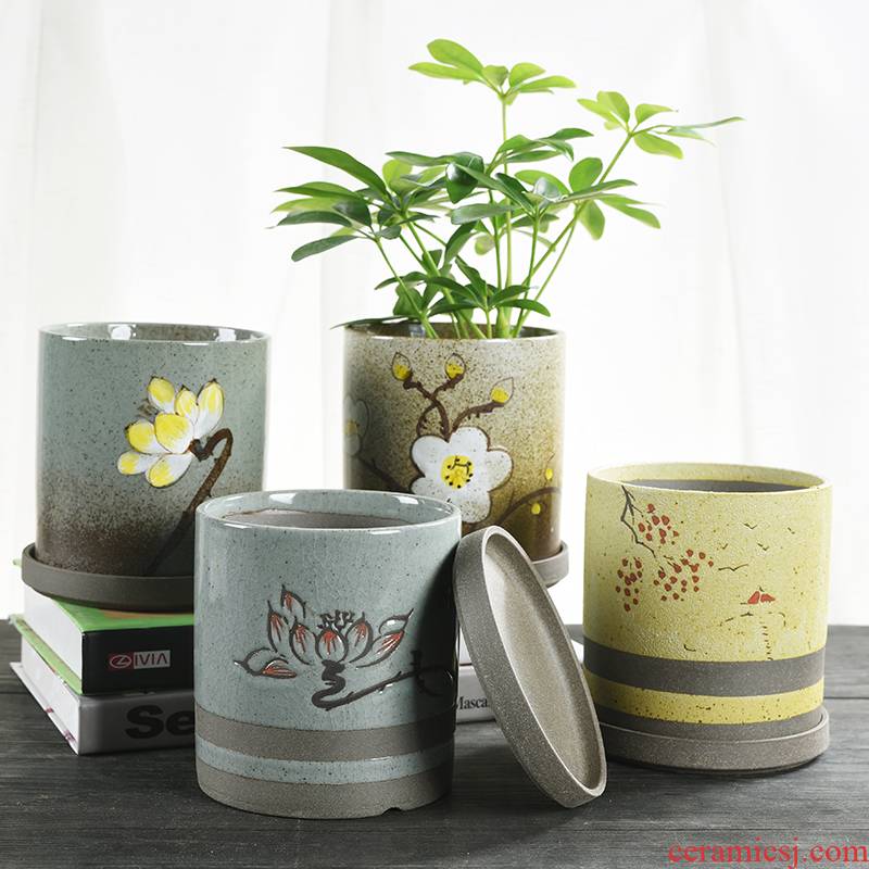 Hand - made coarse pottery straight flowerpot ceramic creative move large European green plant money plant bracketplant household fleshy flower pot