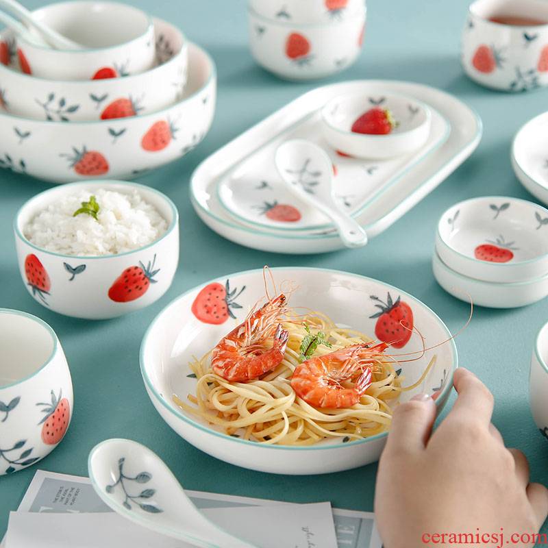 Ins plate web celebrity household ceramics small fish fresh food dish, lovely strawberry disc steak plate cutlery set combination