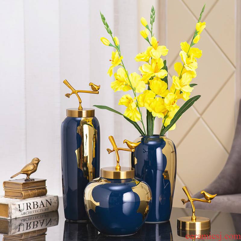 Light the key-2 luxury of modern ceramic vases, pure copper cover furnishing articles sitting room dried flowers flower arrangement of new Chinese style household Nordic decoration decoration