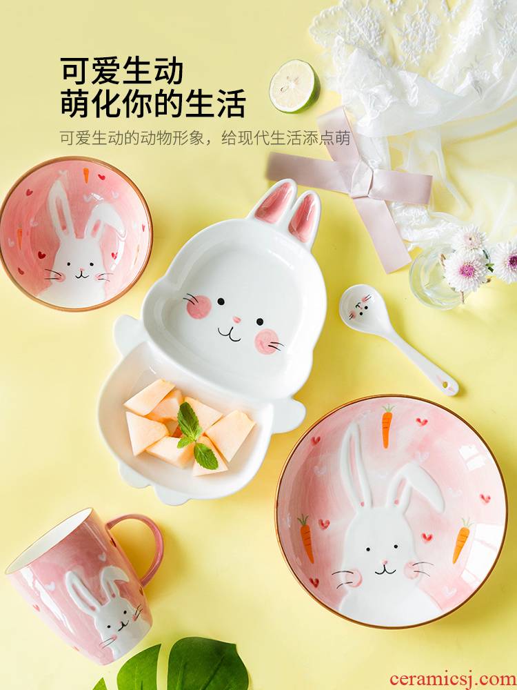 Modern housewives express cartoon breakfast eat bowl baby animals ceramics cutlery infant children spoon, plate
