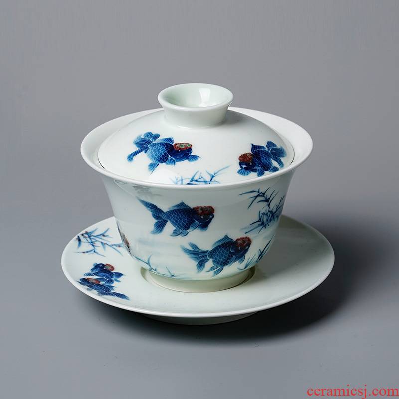 Lin Yuehong hand - made goldfish only three jingdezhen blue and white youligong tureen tea bowl of high - end large hot tea; preventer