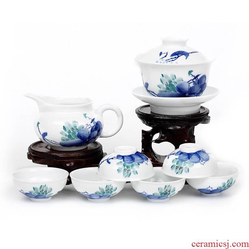 Old guest hand - sketching jingdezhen blue and white porcelain tea set the set of ceramic tea set, green lotus tea gift box package