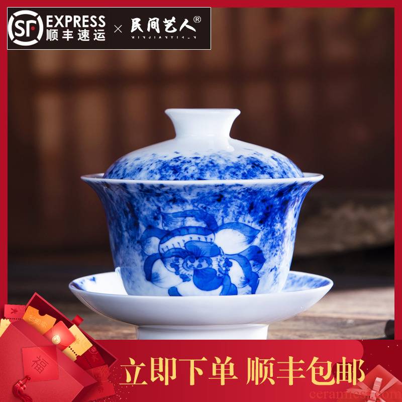 Large kung fu tureen hand - made porcelain lotus tea cup under the jingdezhen ceramic glaze color high capacity thickening bowl