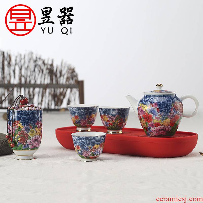 Yu is the see colour ceramic flower suit household kung fu tea tea cup teapot tea tray of a complete set of gift box packaging