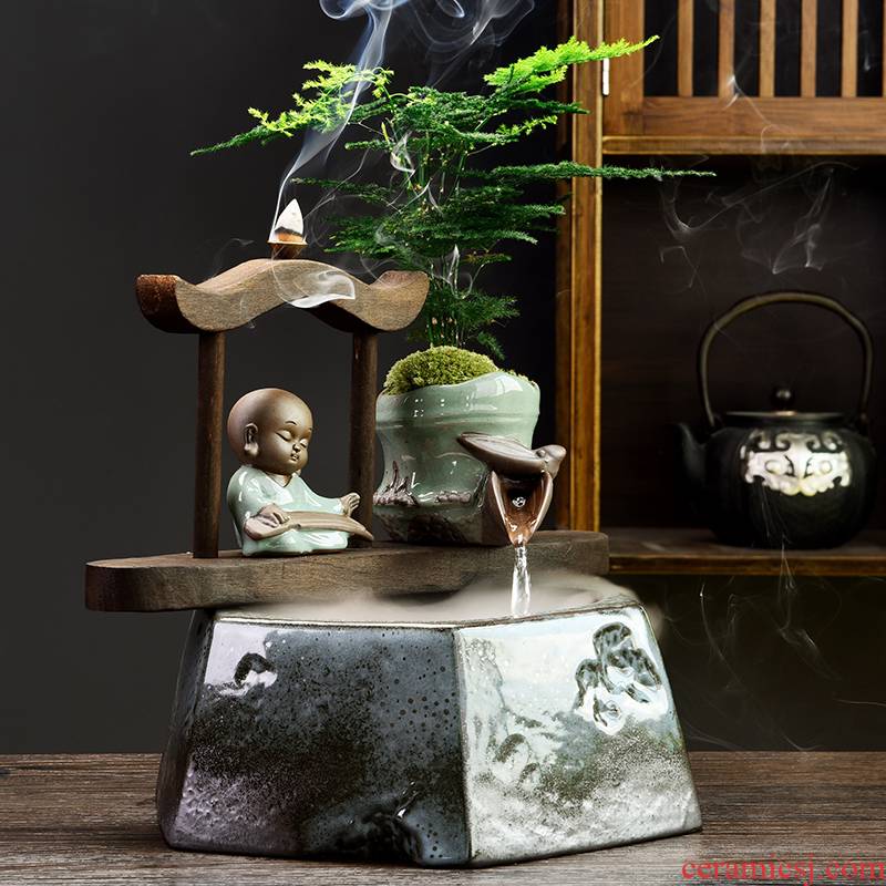 Zen new Chinese style water fountain humidifier feng shui plutus desktop furnishing articles creative household ceramics hydroponic flower pot