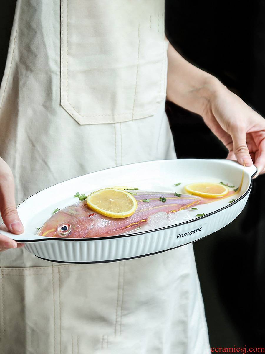 Steamed fish dishes home new rectangle large creative dishes Japanese ceramic ins web celebrity dish Nordic