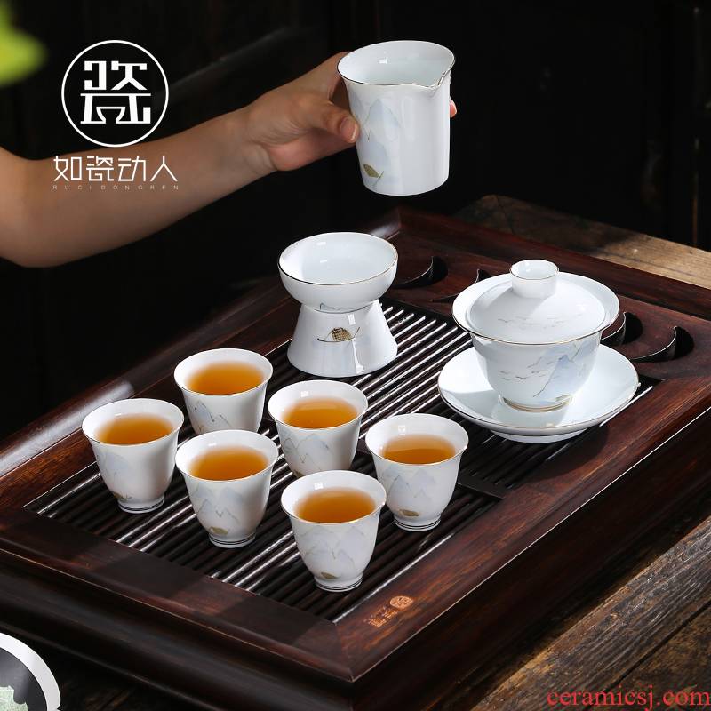 Hand - made kung fu tea set suit household contracted office tea is a complete set of dehua white porcelain teacup tureen gift boxes