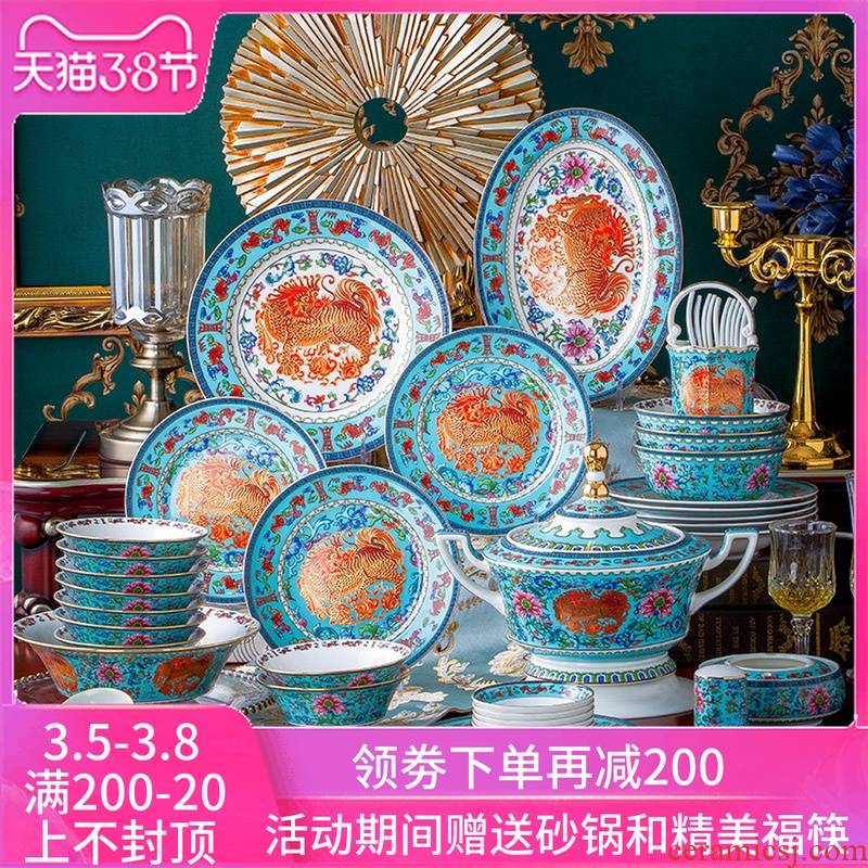 High - grade Chinese tableware jingdezhen ceramic household portfolio ipads porcelain tableware colored enamel dish dish suits for gift boxes