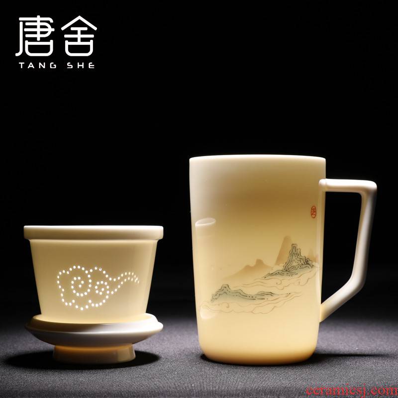 Tang's white porcelain ceramic tea cup tea cups separation filter with cover man contracted household glass office