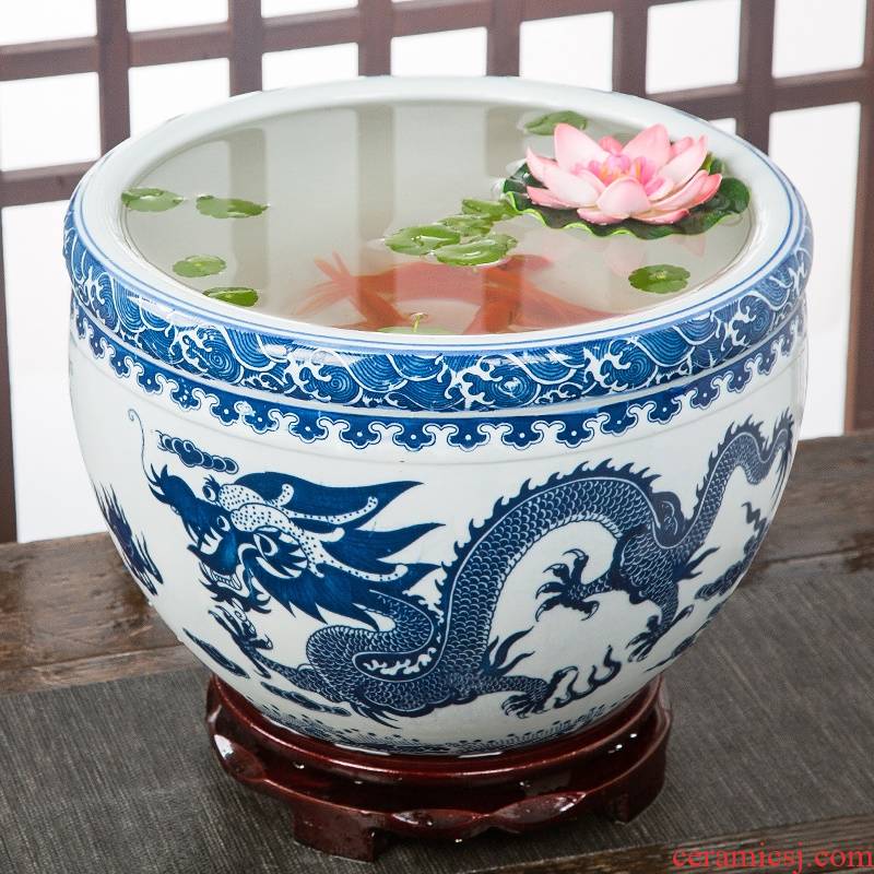 Jingdezhen ceramic aquarium goldfish large blue and white turtle slept GangPen bowl lotus refers to basin of lotus cylinder betelnut POTS