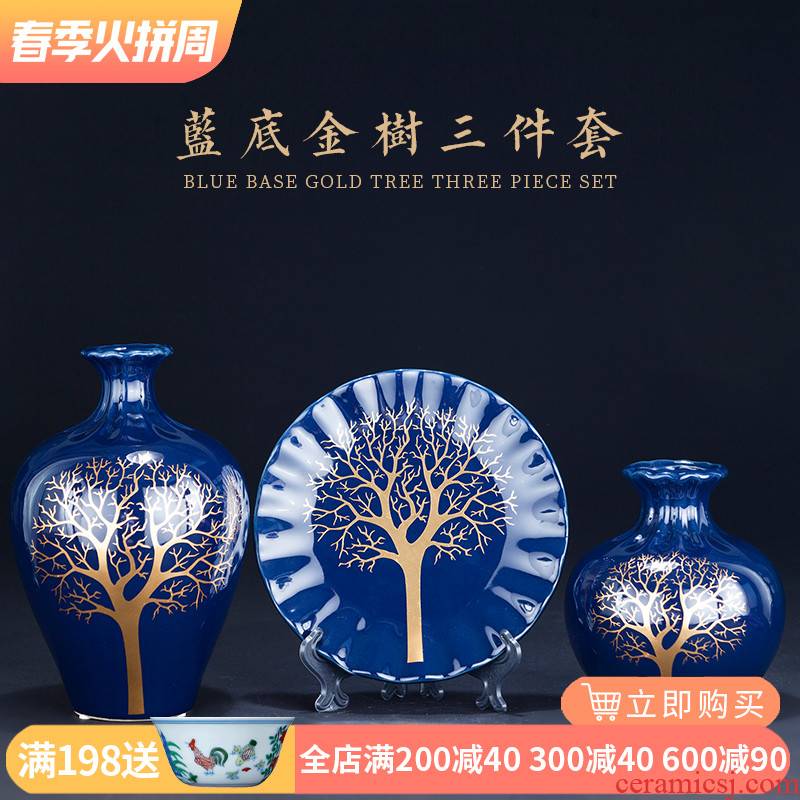 Jingdezhen ceramics glaze blue three - piece vase of modern Chinese style living room TV ark, furnishing articles home decoration
