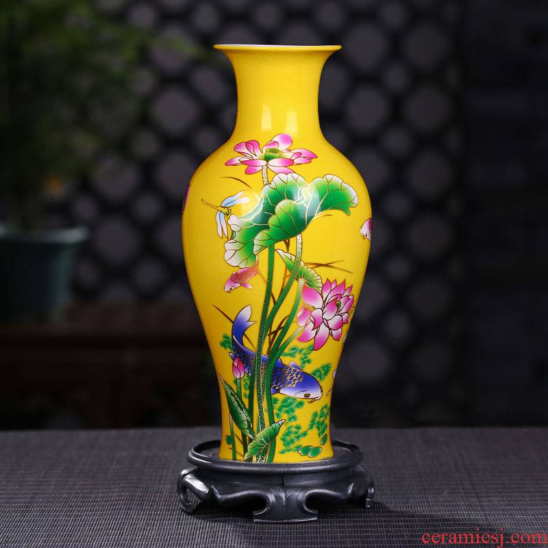 Jingdezhen ceramic vases, pastel yellow lotus fishtail bottles of modern ceramic decoration furnishing articles vase