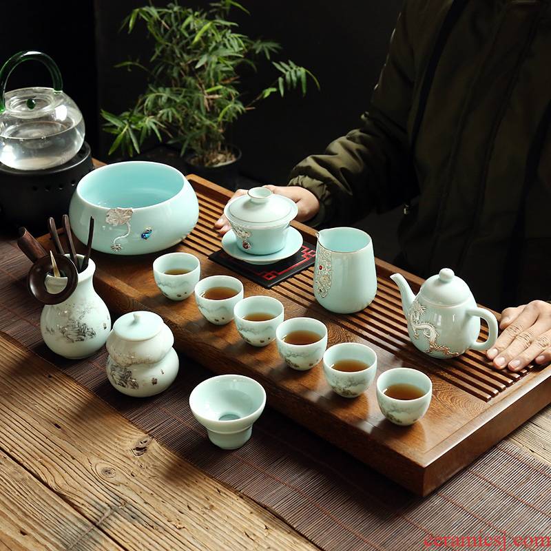 Zhuo royal kung fu tea set celadon silver teapot teacup tea wash to dehua ceramic fair keller of office home