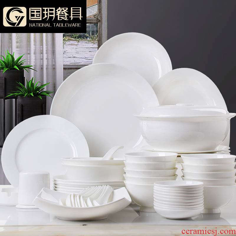 Tangshan ipads porcelain tableware suit pure white dishes suit household tableware kitchen dishes chopsticks sets 10 people