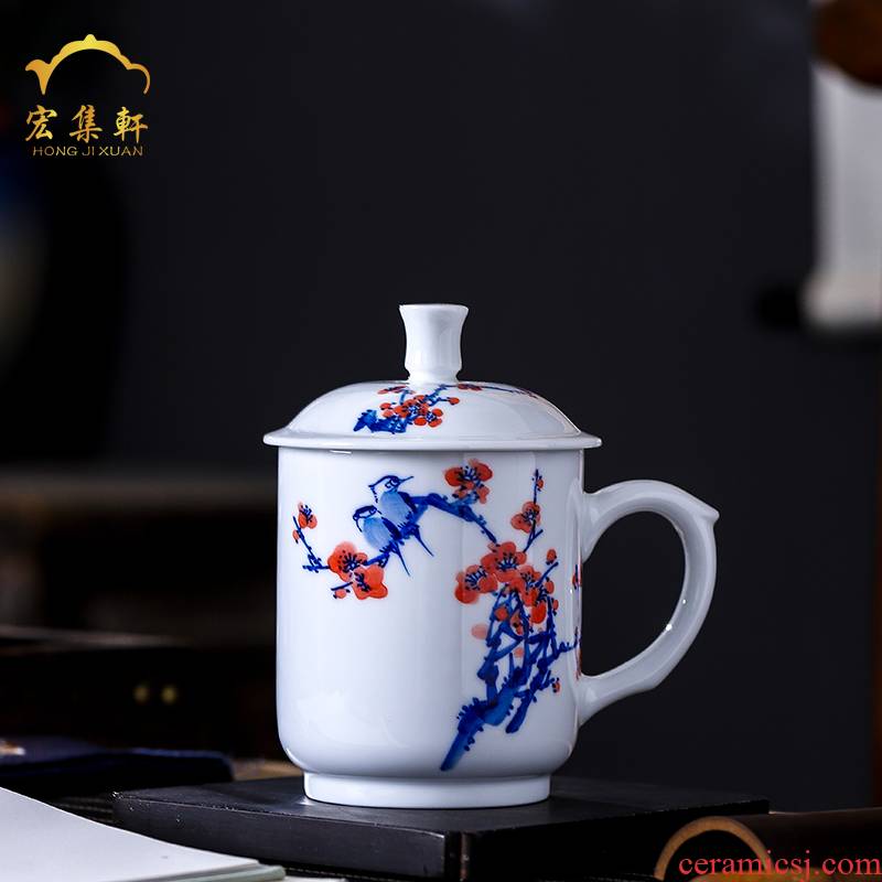 Jingdezhen ceramic cups with cover office of household ceramic tea cup cup blue and red name plum blossom put and tea cups