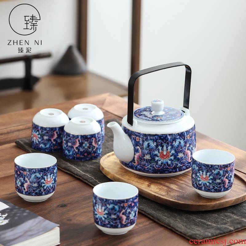 Japanese girder by mud pot of jingdezhen colored enamel teapot teacup large household teapot set of kung fu tea set