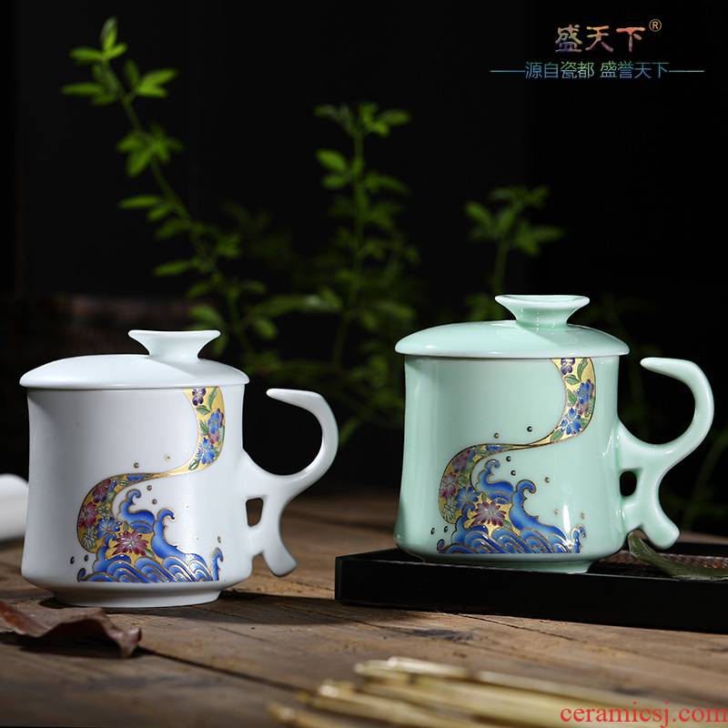 Celadon teacup jingdezhen ceramic household with cover glass filter glass tea cup office individual cup of tea