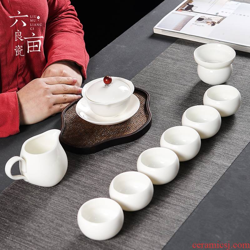 Dehua white porcelain tea set high contracted Chinese style household ceramic teapot teacup tureen office of a complete set of kung fu