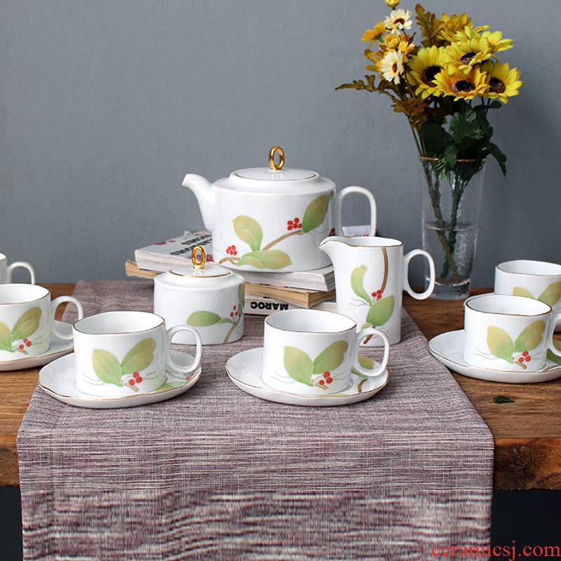 China red porcelain up green leaf 15 head coffee set under the liling glaze color ceramic tea sets white porcelain cup dish of gifts