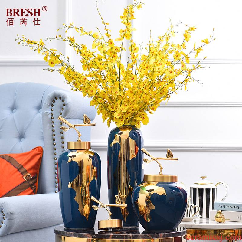 Light the key-2 luxury of modern ceramic vases, pure copper cover furnishing articles of new Chinese style living room flower arrangement of jingdezhen ceramic vase household