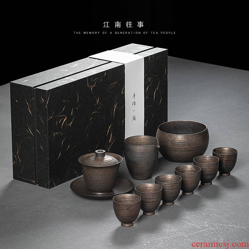 Jiangnan tea sets tureen home past manual iron glaze ceramic bowl kung fu tea cups a complete set of a small set of type